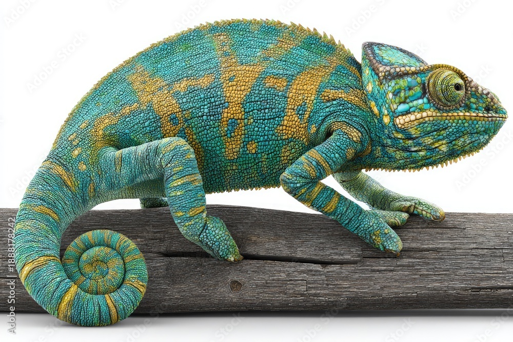 Fototapeta premium Vibrant chameleon on a log against a white background wildlife portrait