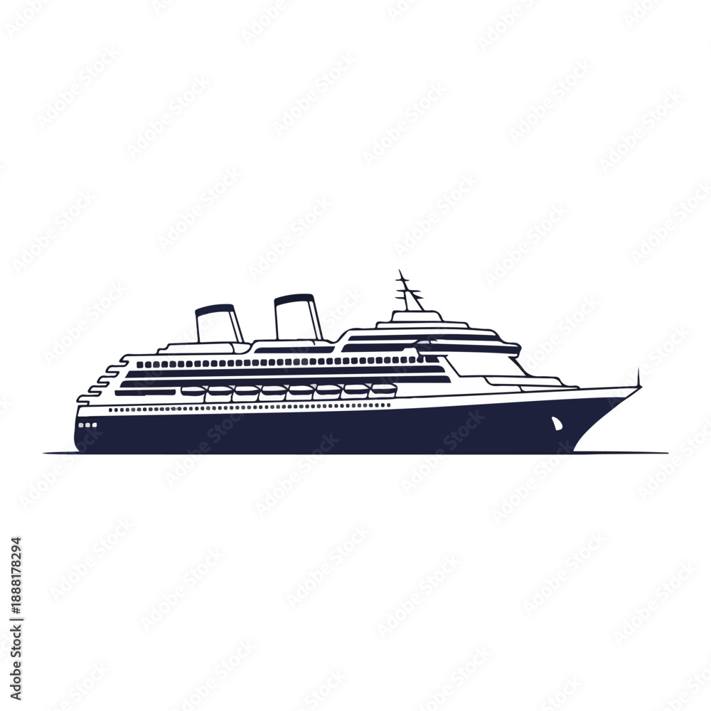 Fototapeta premium Cruise Ship at Sea with Multiple Decks and Funnels