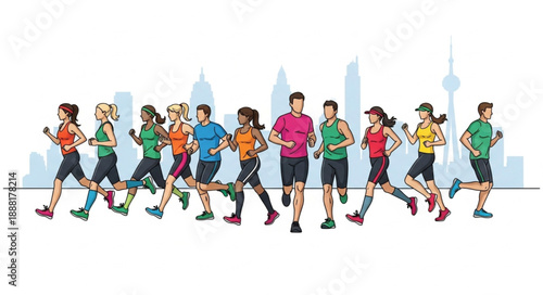 Diverse group of people running together in a city marathon.