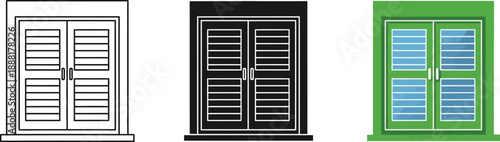 Collection of shuttered window icons in outline solid black and color vector styles perfect for architectural design or home decor concepts