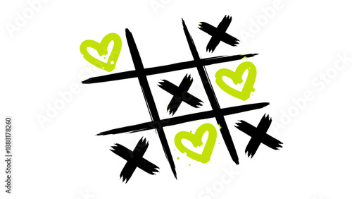Hand drawn tic tac toe game with hearts and x's on white