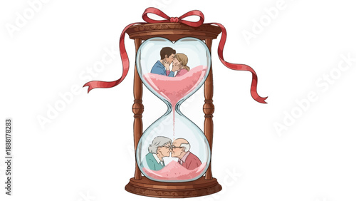 Couple kissing inside heart shaped hourglass with red ribbon