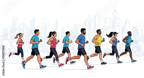 Diverse group of people running together in a city marathon event.