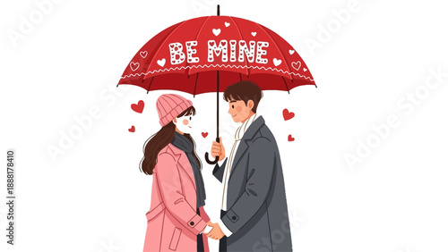 Loving couple holding hands under Be Mine umbrella on Valentine's Day