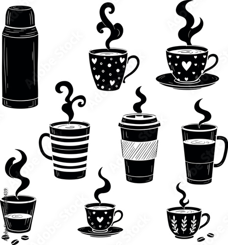 Coffee Cup and Thermos Mug Collection Vector Silhouette Black and White Cricut Design for Cafe Logo, Kitchen Decor, and Hot Drink Icons