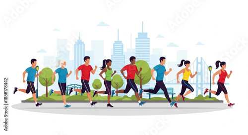 Diverse group of people running in a city park marathon event.