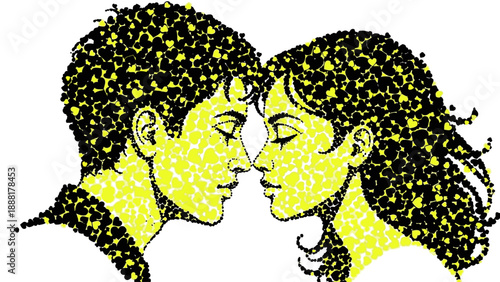 Stunning couple faces close together in vibrant heart pattern illustration