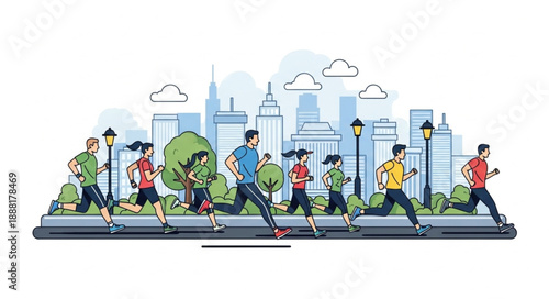Diverse group of people running in a city park with skyscrapers in background.