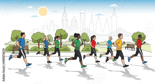 Diverse group of people running in a park during a sunny day.