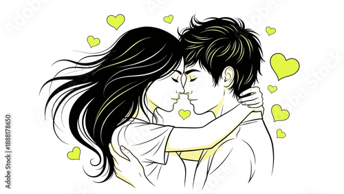 Loving couple sharing romantic moment with hearts around them