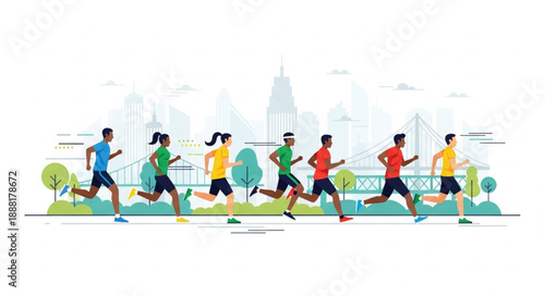 Diverse group of people running in a park with city skyline background.