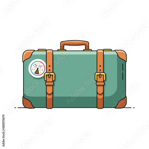 Green Suitcase with Leather Straps and Travel Tag