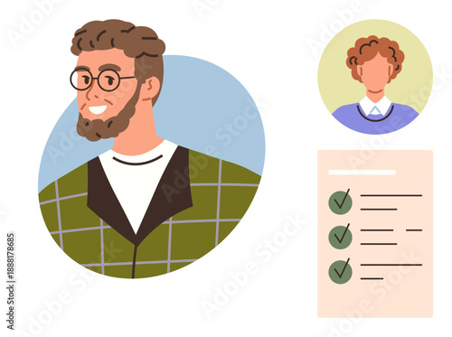Digital identity, profile creation, online communication, productivity, workflow, task management. Male character in green checkered shirt, female with short hair. Digital identity and profile