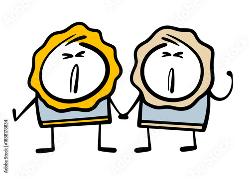 Two disgruntled Eskimos in national clothes have joined forces, fight back, and express their opinions. Vector illustration of cartoon residents of Greenland holding hands.