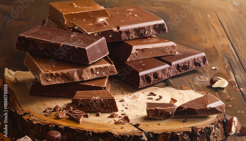 A stack of assorted chocolate bars on a rustic wooden surface, with crumbs scattered