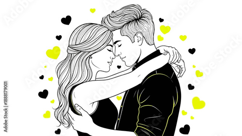 Couple embracing with love hearts surrounding them