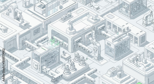 Isometric illustration of a futuristic, minimalist industrial complex with interconnected buildings and pipelines.