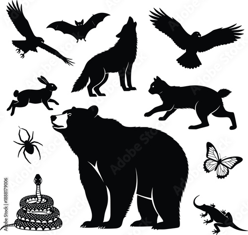 Collection of black vector silhouettes representing wild forest animals like bear wolf eagle and snake isolated on white background for nature graphic design