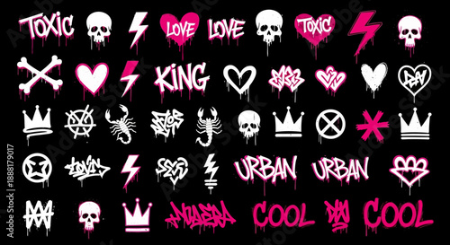Collection of graffiti symbols and words in white and pink on black background.