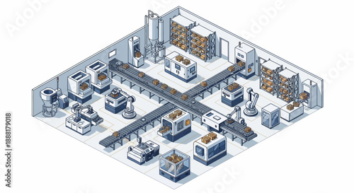 Isometric view of an automated factory with robotic arms, conveyor belts, and storage units, illustrating modern industrial processes.