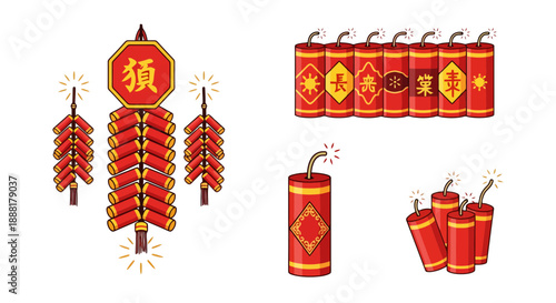 Vibrant red Chinese firecrackers and lanterns for festive celebration