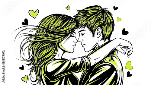 Young couple embracing with love and hearts around them