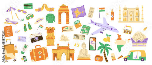 Travel to India vector elements set. Summer Vacation in India, Planning and Plane Tickets, Indian landmarks and luggage, camera. Travel stickers set in cartoon flat style isolated on white.