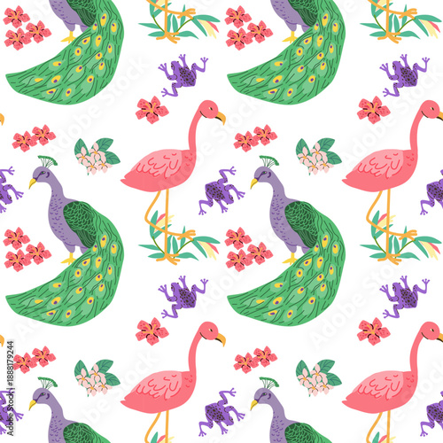 Tropical birds pattern peacock and flamingo, frog and orchid flowers. Abstract floral and animal pattern with peacock. India animal texture design.