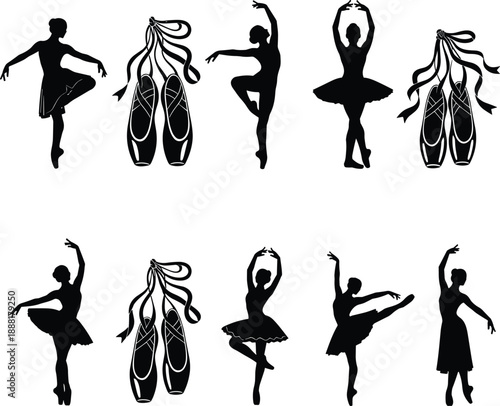 Set of black vector silhouettes of ballerinas dancing in various elegant poses and ballet pointe shoes with ribbons isolated on white background for design