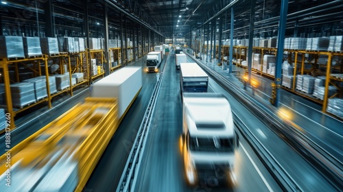 Logistics trucks load cargo at distribution center during busy day with fast movement and various activities