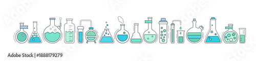 Science laboratory, school chemistry banner with with white background. Medical, chemical or biology lab, school education concept with tubes and flasks, vector illustration