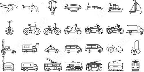 Assortment of transportation vehicle line art icons on white background airplane helicopter