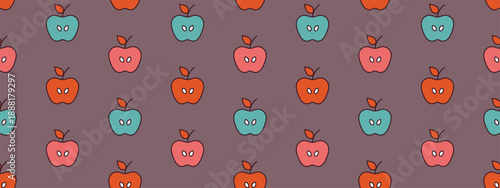 Cute apple icons on white background. Seamless pattern with geometric fruits. Cute summer food background drawn with apples, kid vector illustration