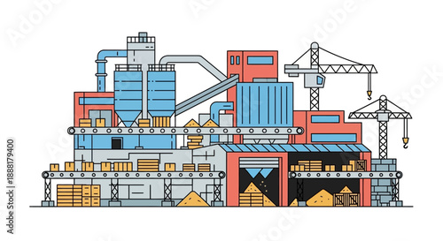 Modern industrial factory complex with conveyor belts, silos, and cranes, illustrating manufacturing and production processes.