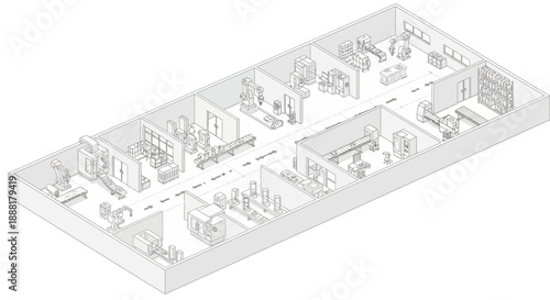 Isometric illustration of a factory floor with various machinery and workstations, showcasing industrial production processes.