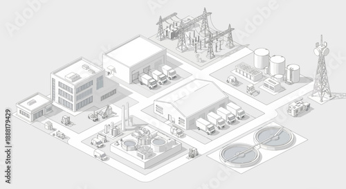 Isometric illustration of an industrial complex featuring various facilities like power substations, warehouses, and water treatment plants.