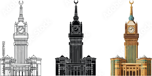 Collection of Makkah Clock Tower illustrations including outline silhouette and colored vector designs for travel and architectural concepts isolated on white
