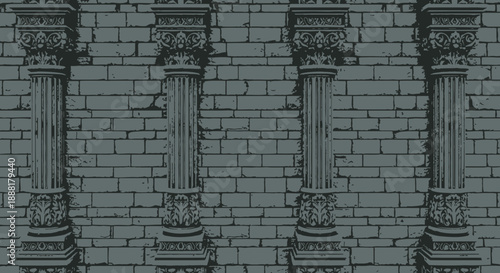 Four ornate columns against a brick wall background illustration.