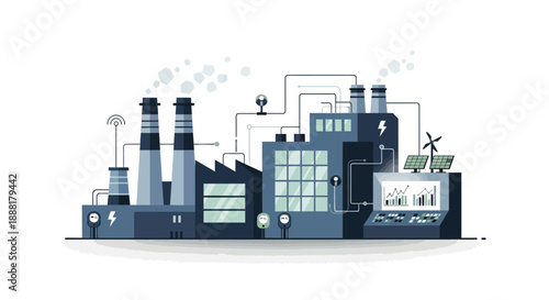 Illustration of a modern smart factory with renewable energy sources and advanced control systems.