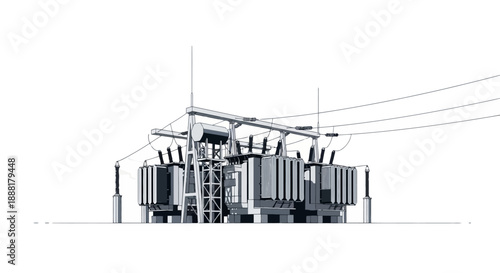 A detailed illustration of a large electrical substation with multiple transformers and power lines against a white background.