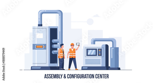 Two engineers in safety vests and hard hats are working in an assembly and configuration center with large industrial machinery.