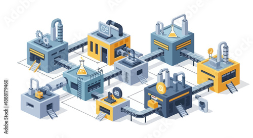 Isometric illustration of a complex industrial factory with interconnected modules and conveyor belts.