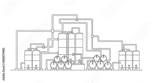 Schematic diagram illustrating a complex industrial processing plant with multiple interconnected tanks, pipes, and valves, suggesting a sophisticated manufacturing or storage system.