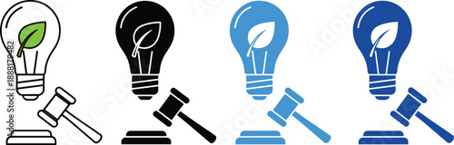 Lightbulb with Leaf and Gavel Icons in Black White and Blue Tones green ecology