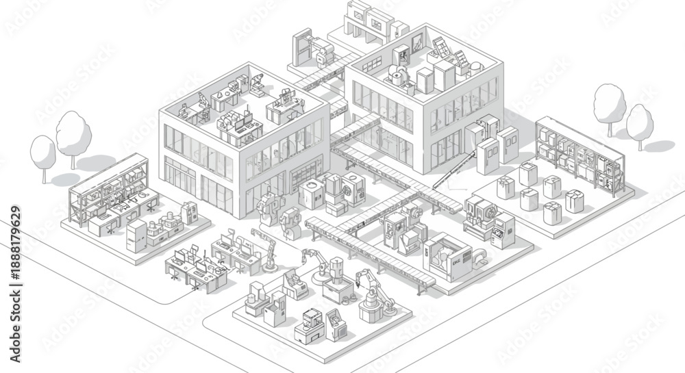 Obraz premium Isometric illustration of a modern factory complex with automated machinery and office spaces, showcasing industrial production and technological integration.
