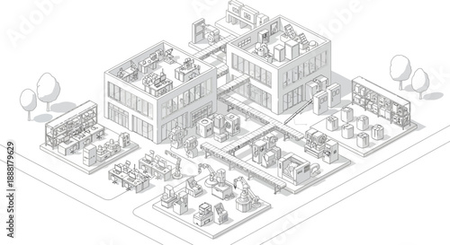 Isometric illustration of a modern factory complex with automated machinery and office spaces, showcasing industrial production and technological integration.