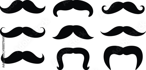 Nine black silhouette mustaches of various styles on white background moustache facial hair