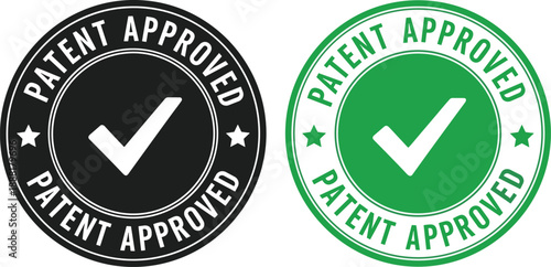 Patent approved stamp in black and green with check mark and stars seal