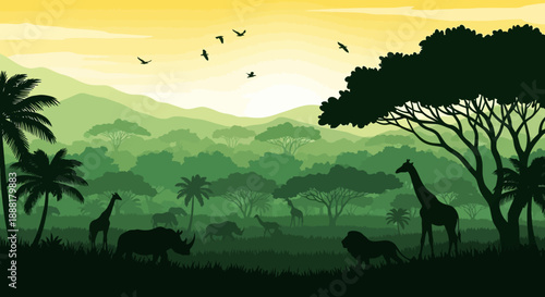 Serene African savannah landscape with silhouetted wildlife at sunset.