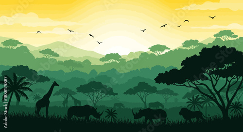 Serene African savannah landscape with animals at sunset.